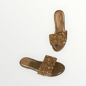 Women’s 9 Rhinestone Crystal Slide Sandals Rose Gold Sparkle Flat Slip On Glam